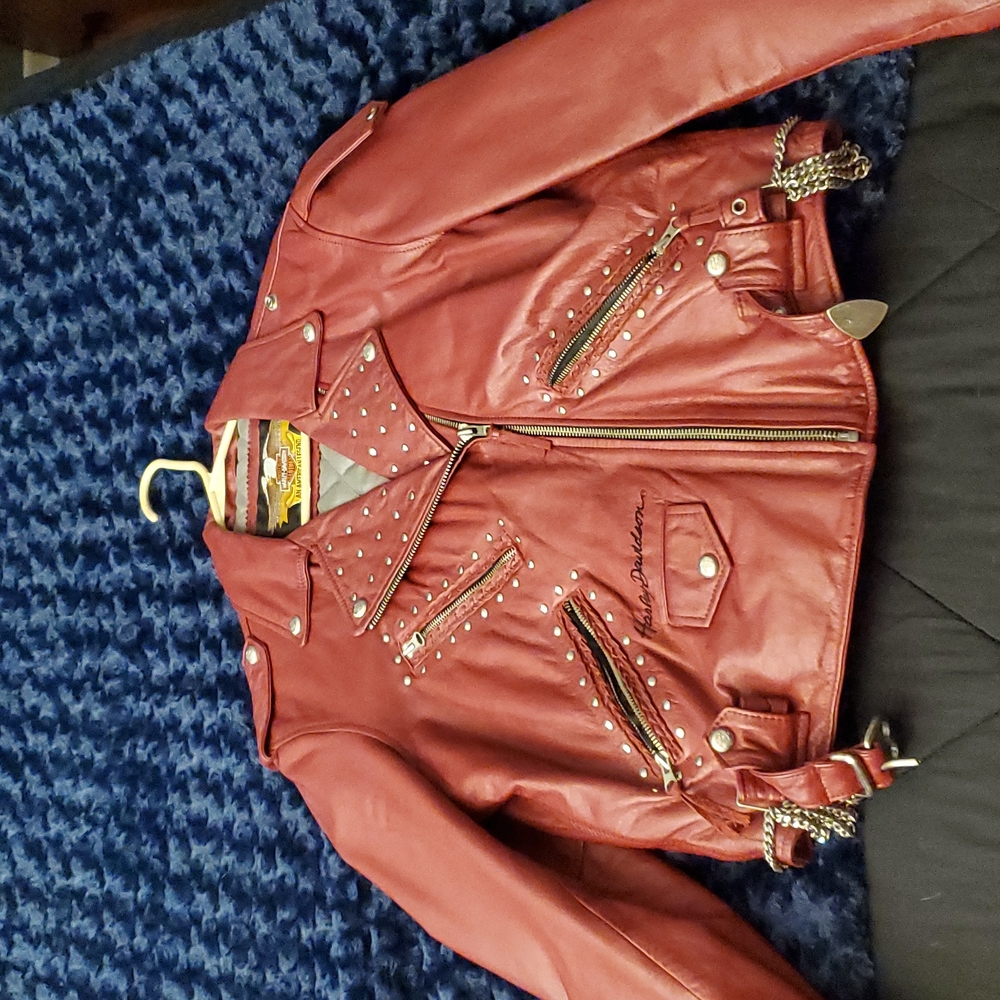 Vintage Harley Davidson Red REAL Leather Moto Jacket